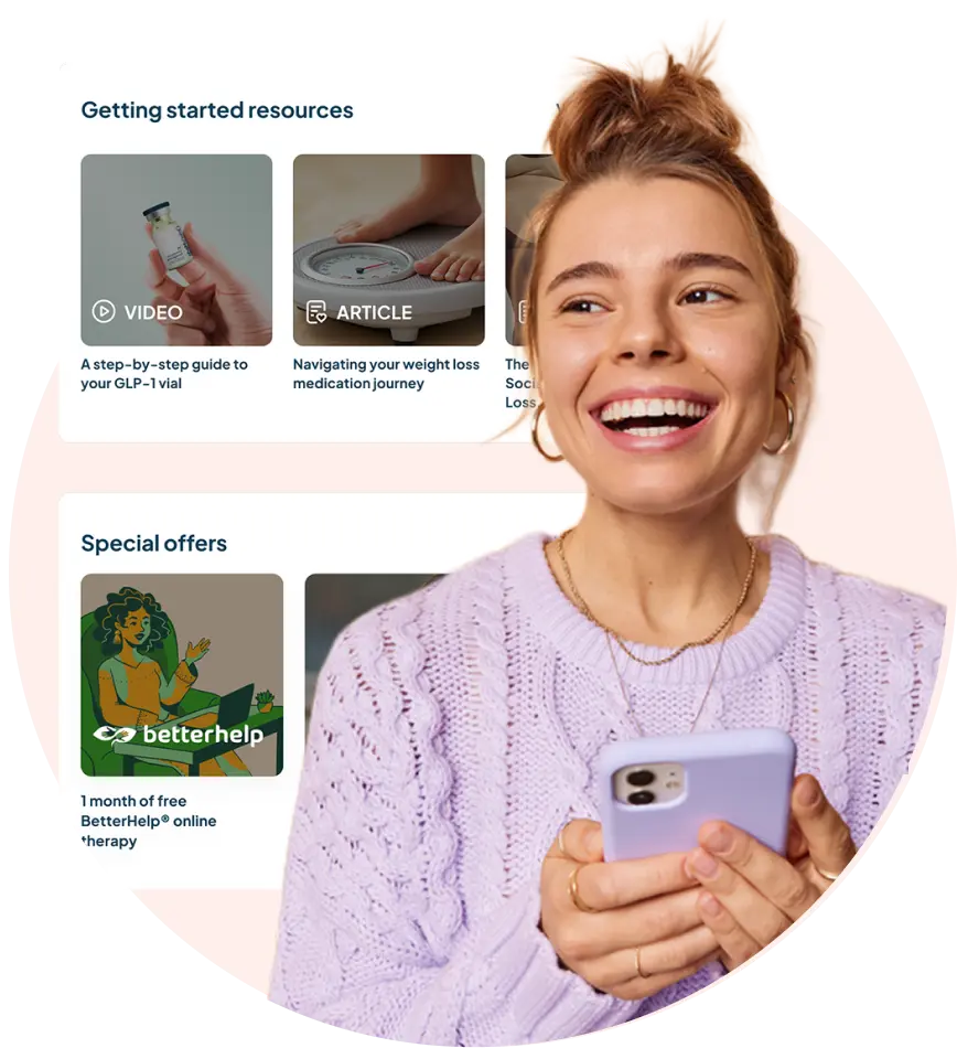 Happy woman holding her phone with GLP-1 weight-loss resources in the background.